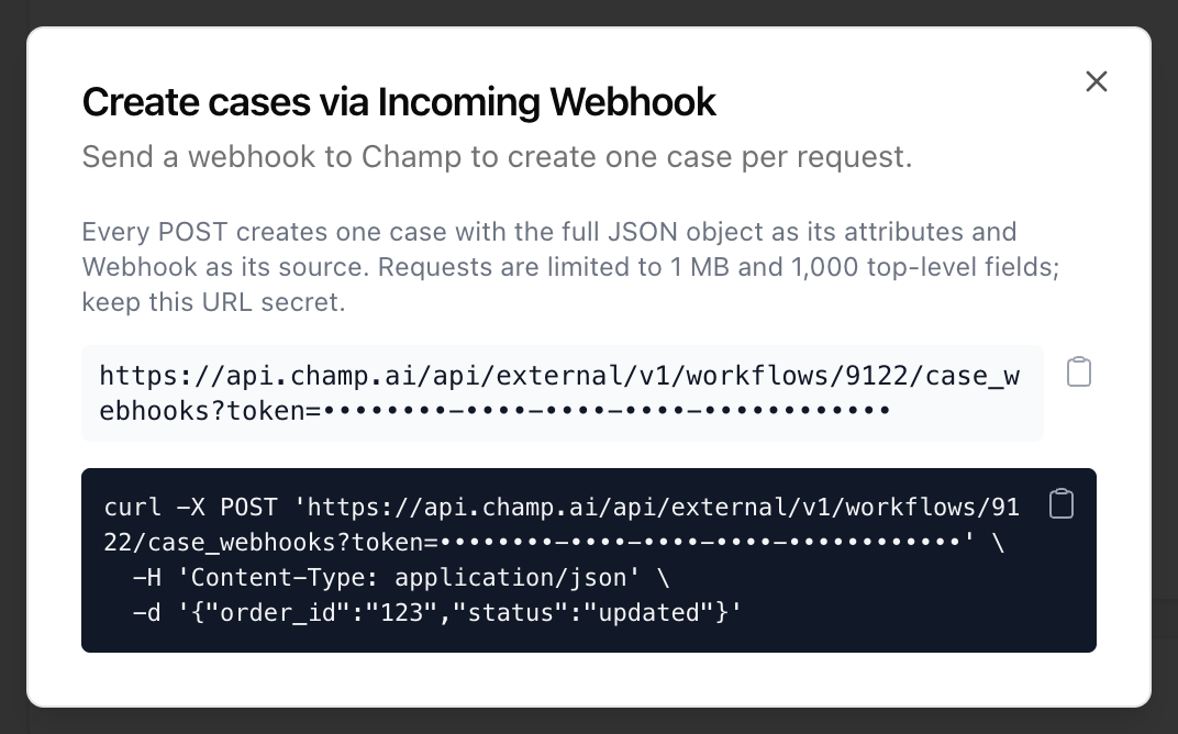 Incoming Webhook dialog showing the webhook URL and a curl example