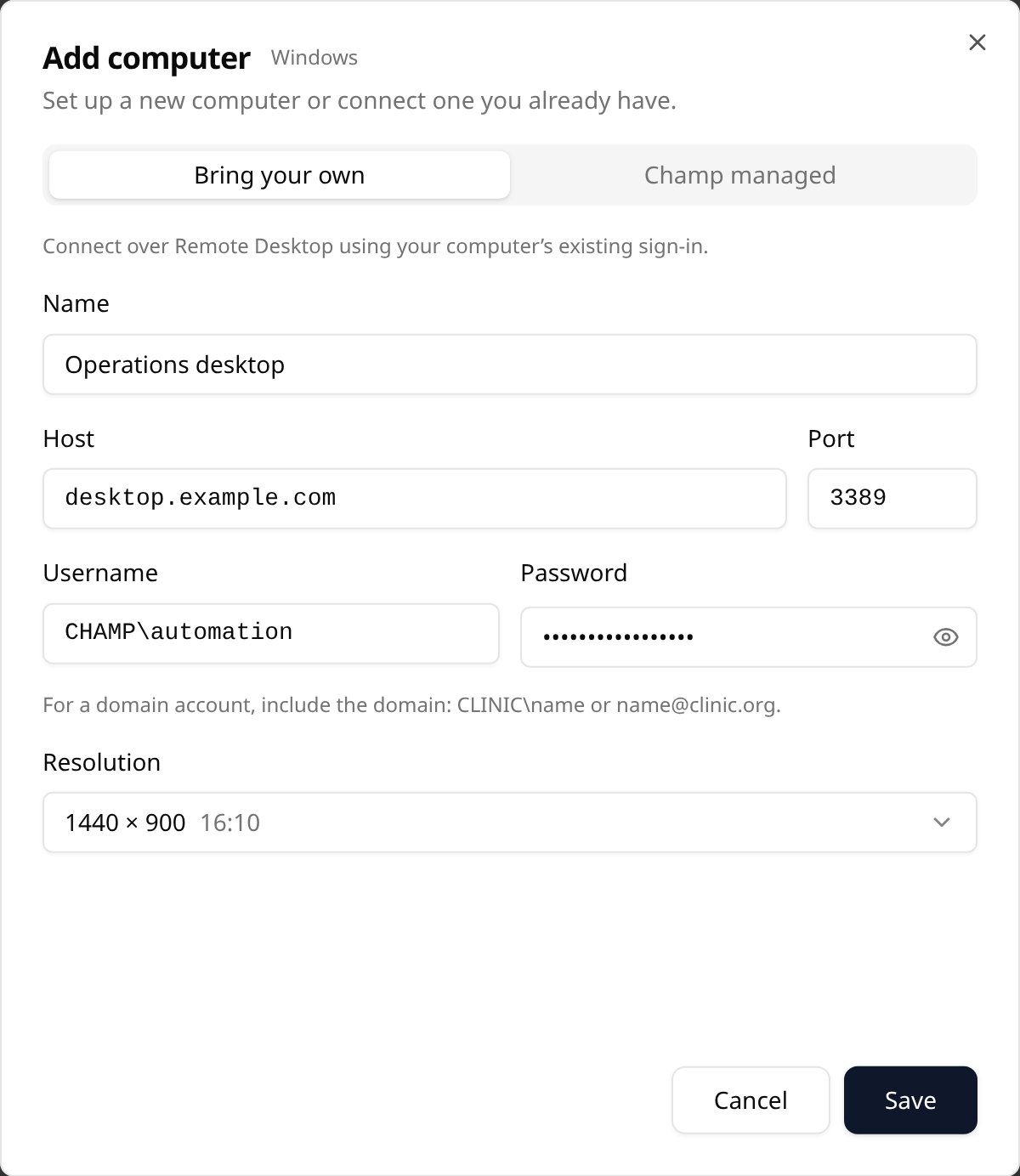 Add computer dialog with Bring your own selected and example host, port, and Windows sign-in details