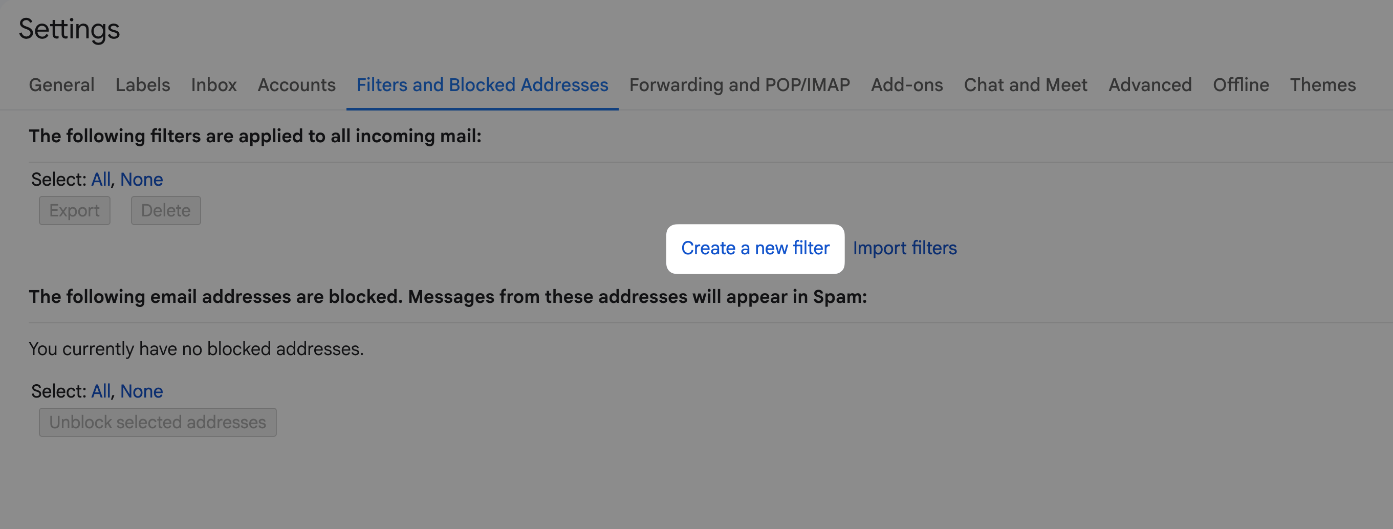 Gmail Filters and Blocked Addresses tab with Create a new filter highlighted