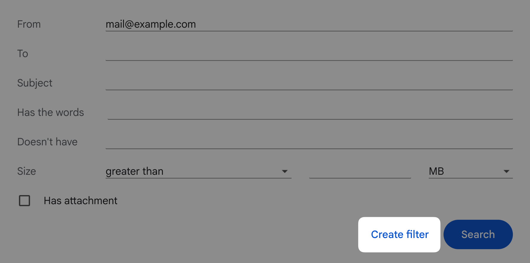 Gmail filter search criteria form with From address filled in and Create filter highlighted