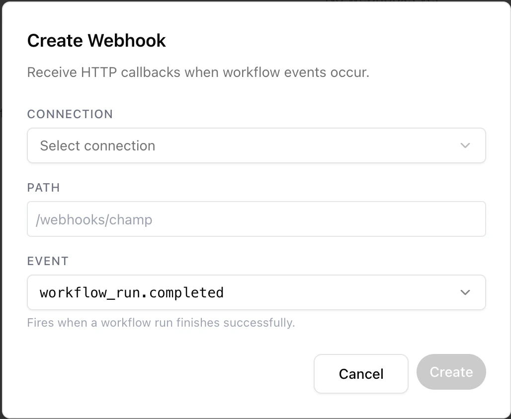 Create Webhook dialog