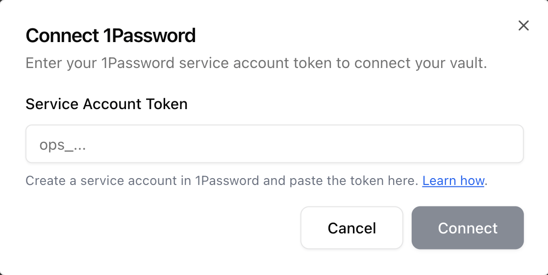 Connect 1Password dialog with the Service Account Token field