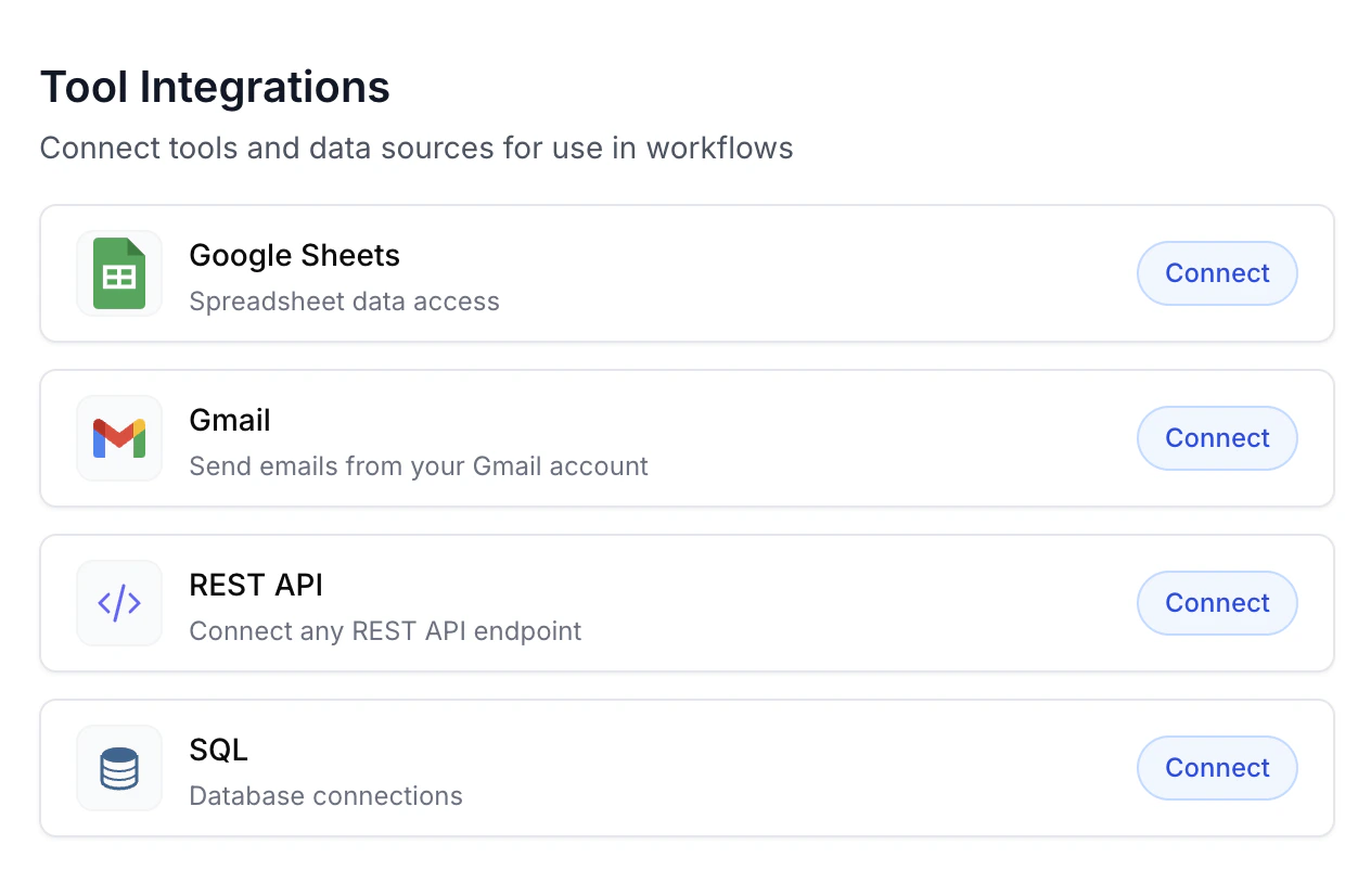 Tool Integrations list with REST API card