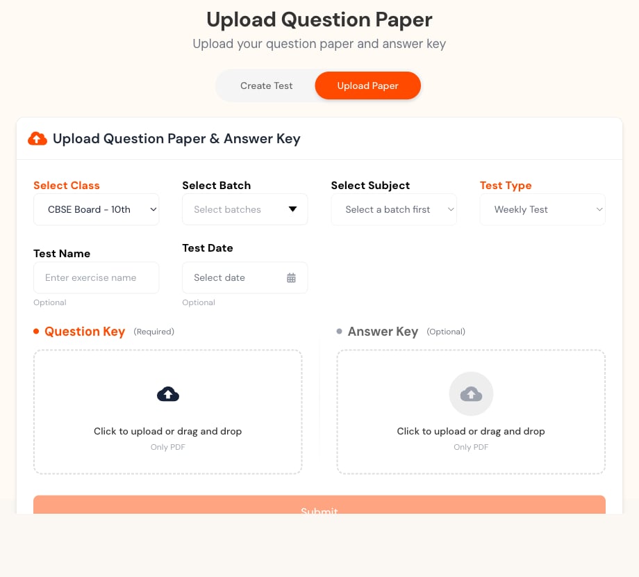 Upload Paper form with assessment details, required question-key PDF, and optional answer-key PDF.