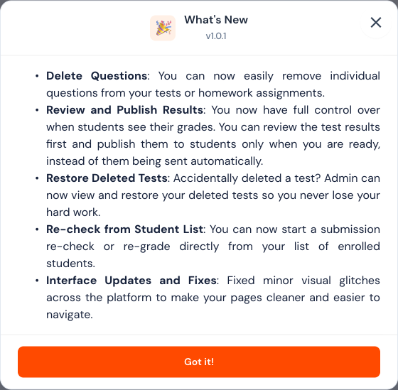 Teacher What's New panel describing question deletion, result review and publication, deleted-test restoration, and re-checks.