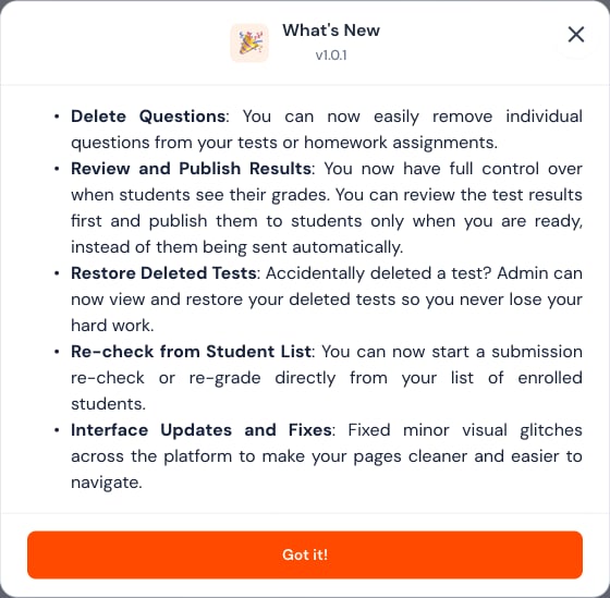 Teacher What's New panel describing question deletion, result review and publication, deleted-test restoration, and re-checks.