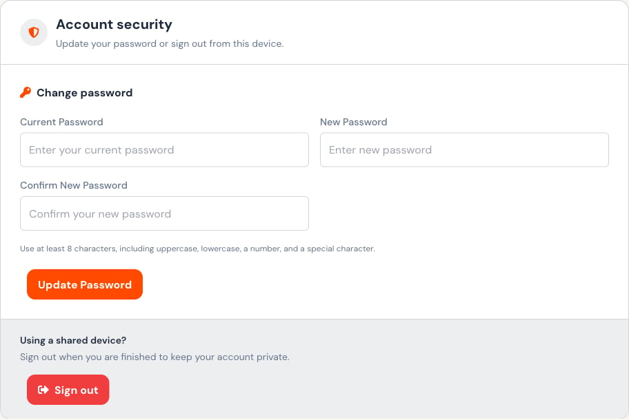 Account security form for changing a password and signing out.