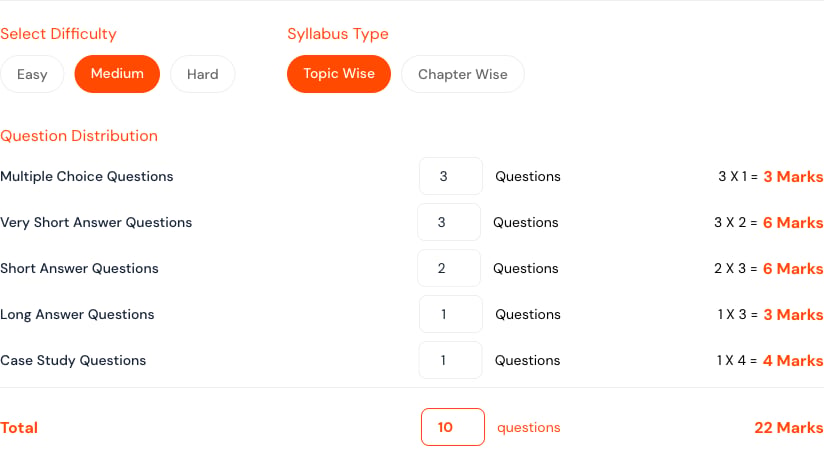 Advanced test options for difficulty, topic or chapter scope, and question distribution.