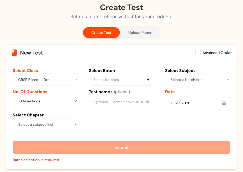 Create Test mode with class, batch, subject, question count, optional name, date, and chapter.