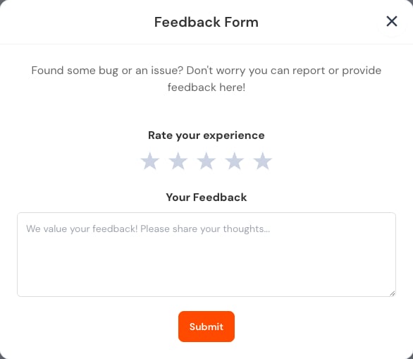 Feedback form with experience rating, feedback field, and Submit action.