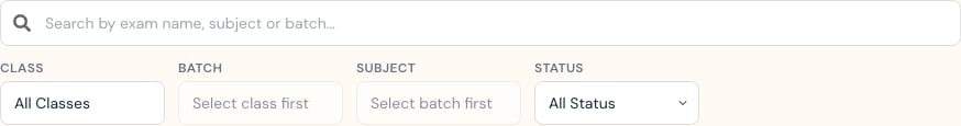 Homework search and filters for class, batch, subject, and status.