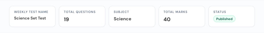 Test preview summary showing name, total questions, subject, total marks, and status.