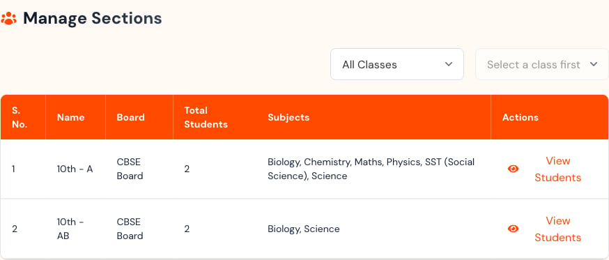 Manage Sections heading with class and section filters.