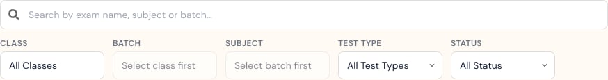 Test list search and filters for class, batch, subject, test type, and status.