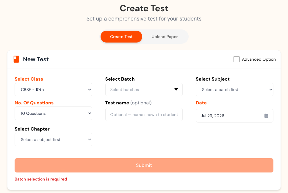 Create Test form with Create Test and Upload Paper modes, class, section, subject, question count, date, and chapter fields.