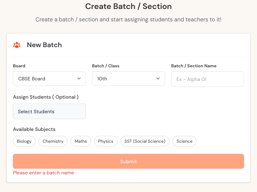 Create Section form with board, class, section name, optional Student assignment, and available subjects.
