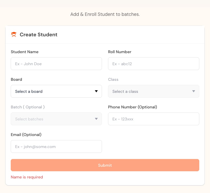 Create Student form with identity, board, class, optional batch, phone, and email fields.