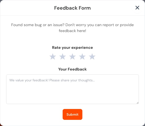 Feedback form with experience rating, feedback text, and submit action.
