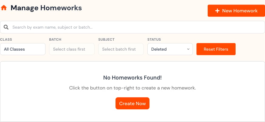 Administrator Homework page with Deleted status selected and no matching homework.