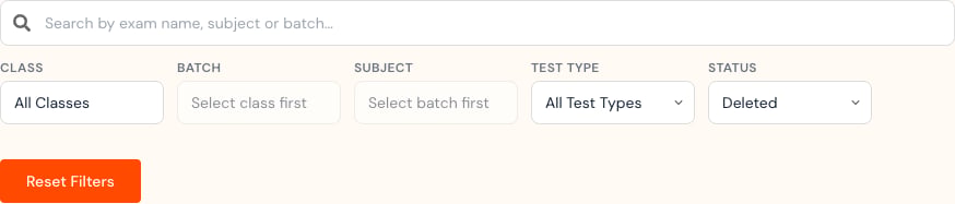 Administrator Test filters for class, section, subject, test type, and status.
