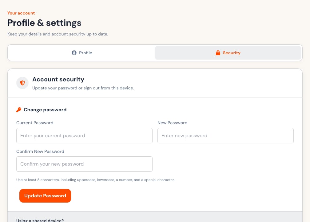 Student Security settings with password fields, password requirements, and sign-out guidance.