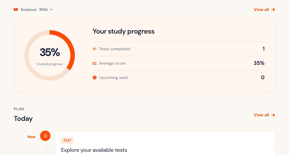 Student dashboard with a subject filter, study progress, and the beginning of the Today plan.