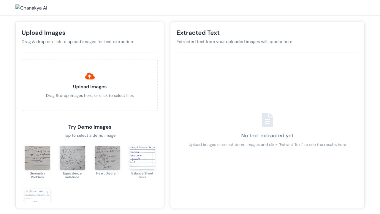 Image-to-text workspace with image upload, demo images, and an extracted-text panel.