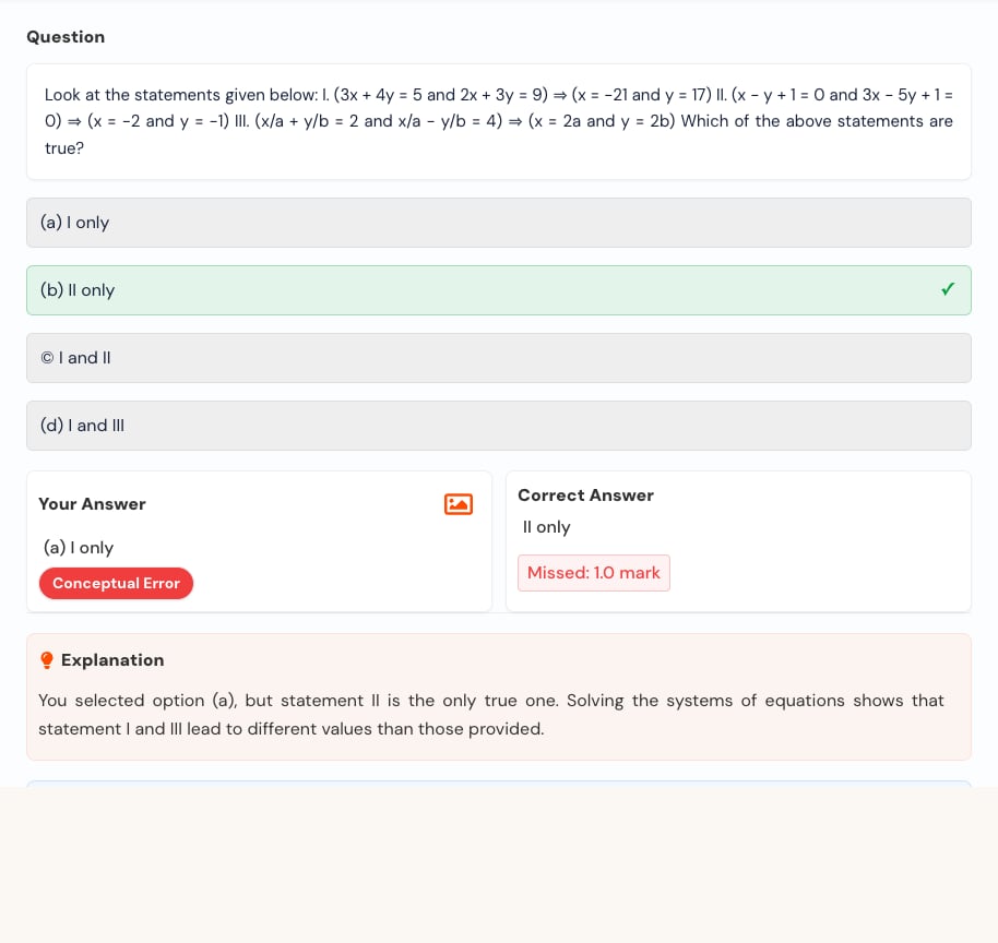 Expanded question feedback showing the question, student answer, correct answer, explanation, and next actions.