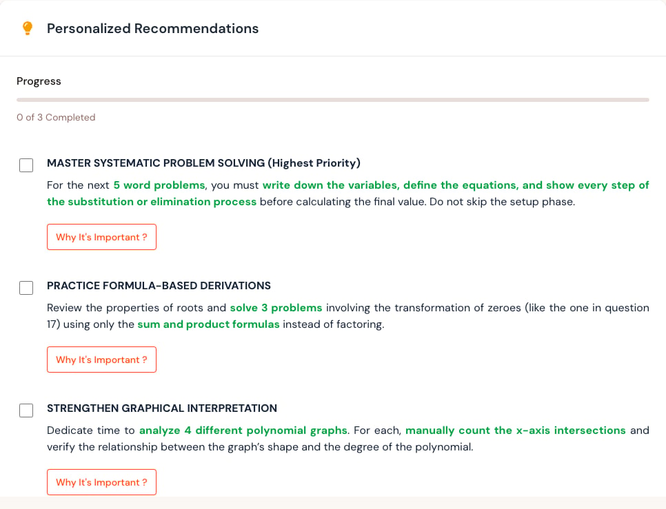 Personalized recommendations with progress and focused practice actions.