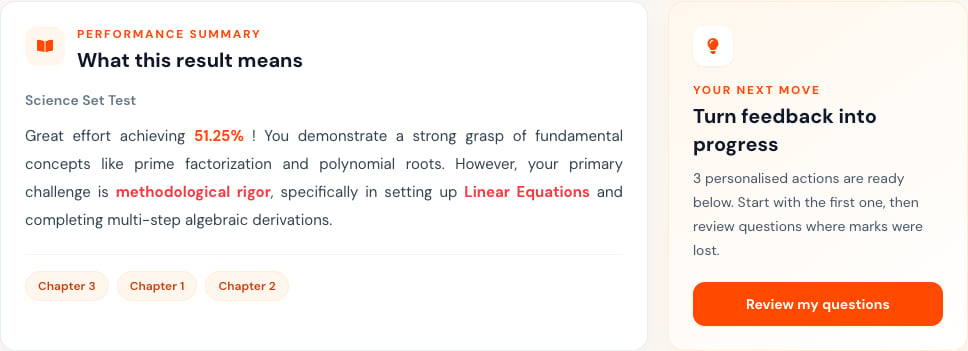 Performance summary and next-move card in a Student result.