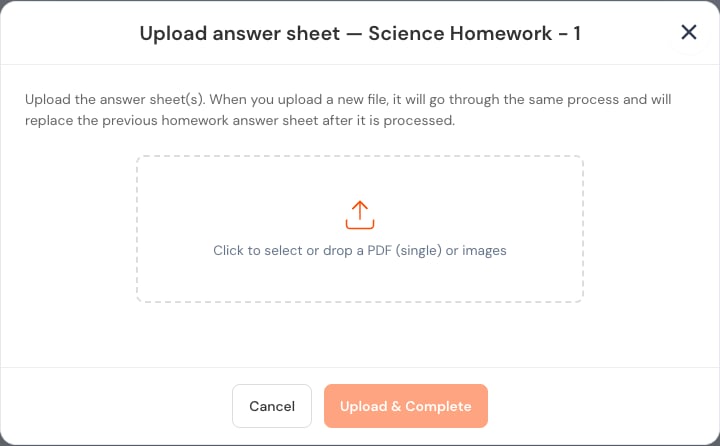 Homework re-upload dialog explaining accepted files and replacement processing.