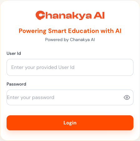 Chanakya AI sign-in page with User Id and password fields.