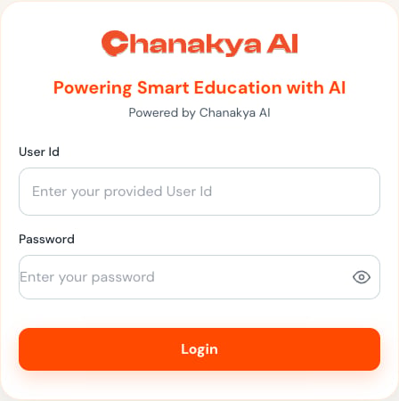 Chanakya AI sign-in page with User Id and password fields.