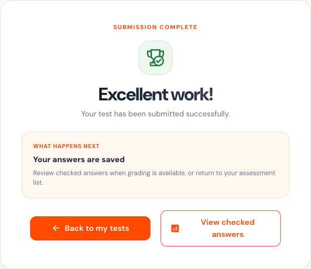 Submission complete screen confirming that answers are saved and offering result or list actions.