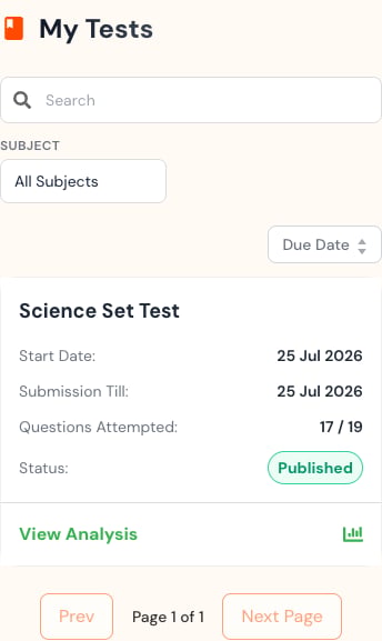 Mobile Tests list showing a published assessment as a card.