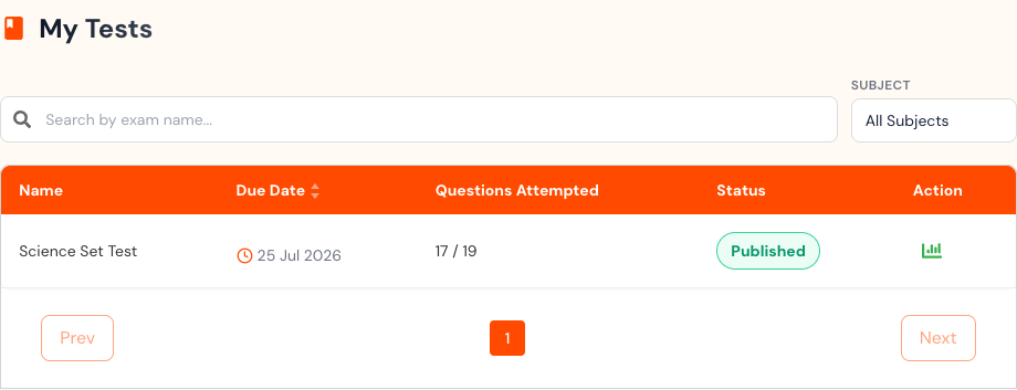 Student Tests list with search, subject filter, attempted-question count, published status, and View analysis action.