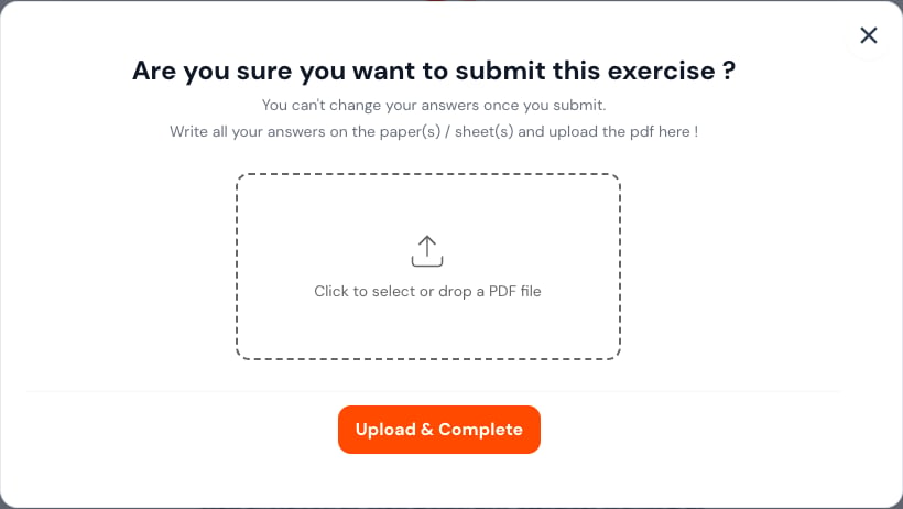 Final test submission dialog with PDF selection and Upload and Complete action.