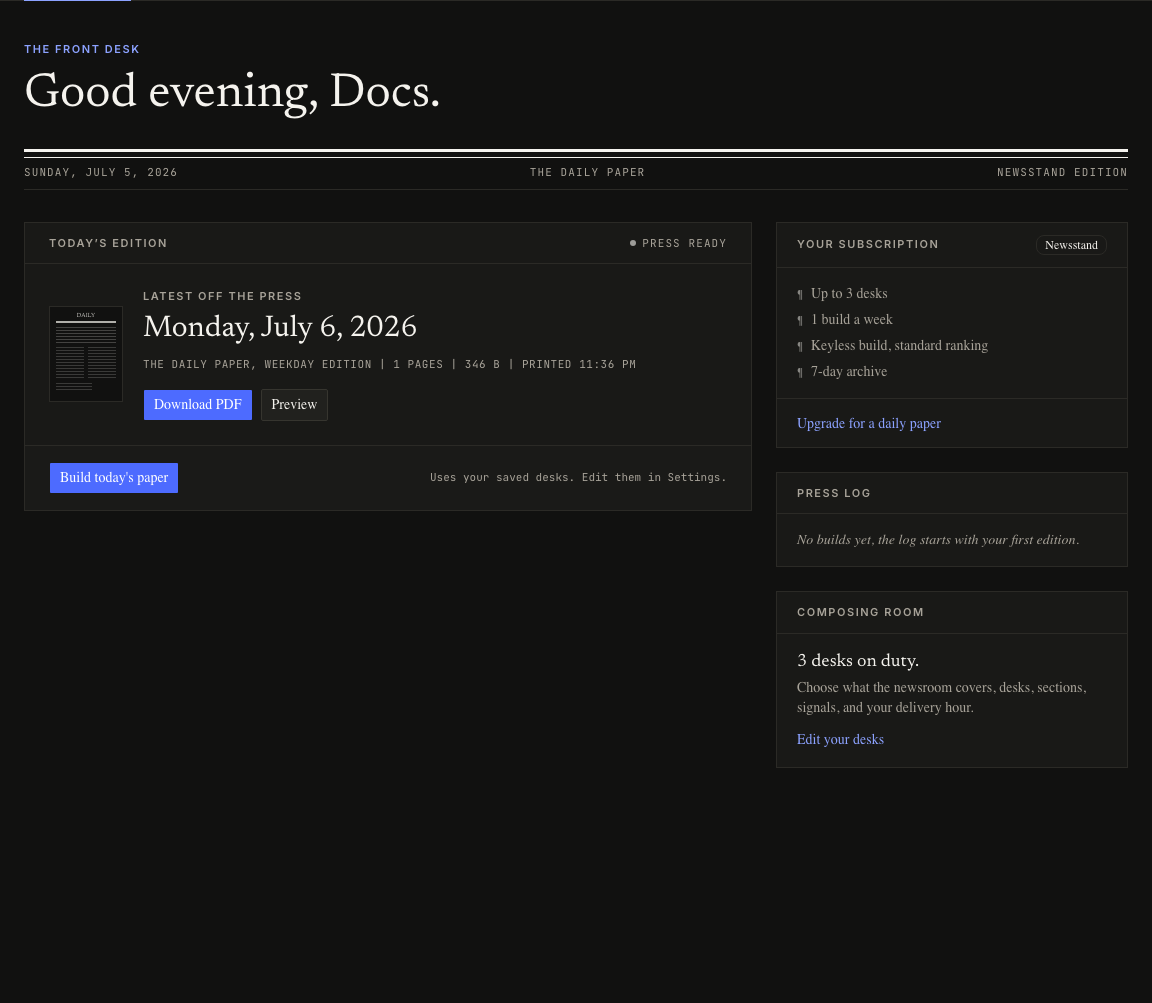 Dashboard front desk in dark mode with the latest edition, Download PDF, Preview, Build today's paper, and Edit your desks controls