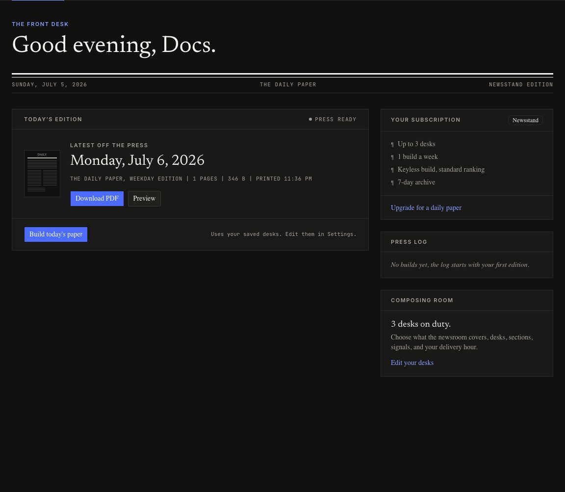Dashboard front desk in dark mode with the latest edition, Download PDF, Preview, Build today's paper, and Edit your desks controls
