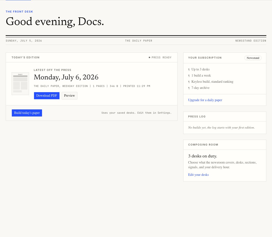 Dashboard front desk with the latest edition, Download PDF, Preview, Build today's paper, and Edit your desks controls