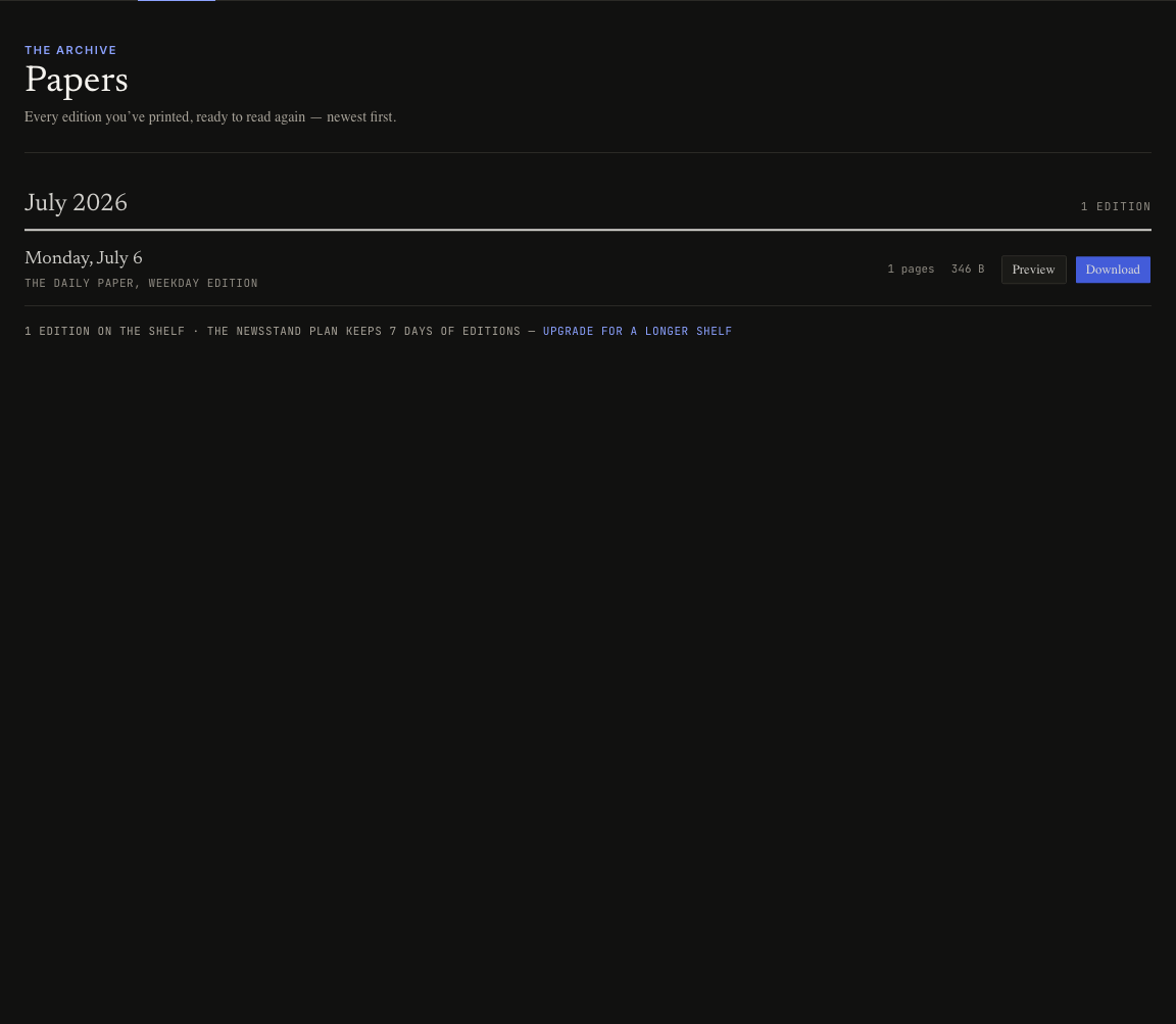 Papers archive in dark mode showing a July 2026 edition with Preview and Download actions