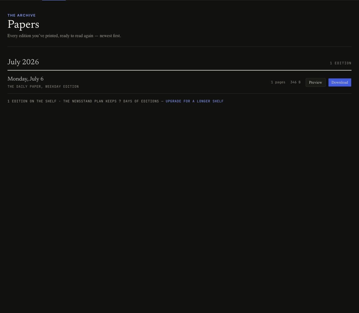 Papers archive in dark mode showing a July 2026 edition with Preview and Download actions