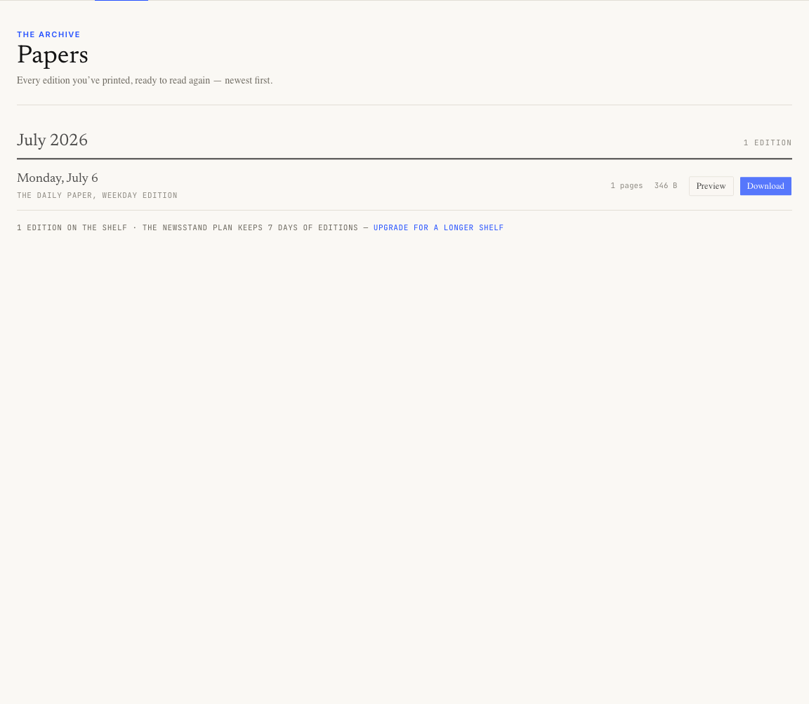 Papers archive showing a July 2026 edition with Preview and Download actions