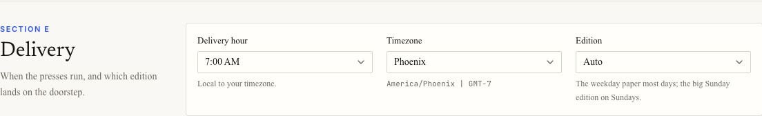 Delivery controls showing delivery hour, timezone, and edition selector