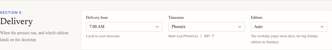 Delivery controls showing delivery hour, timezone, and edition selector