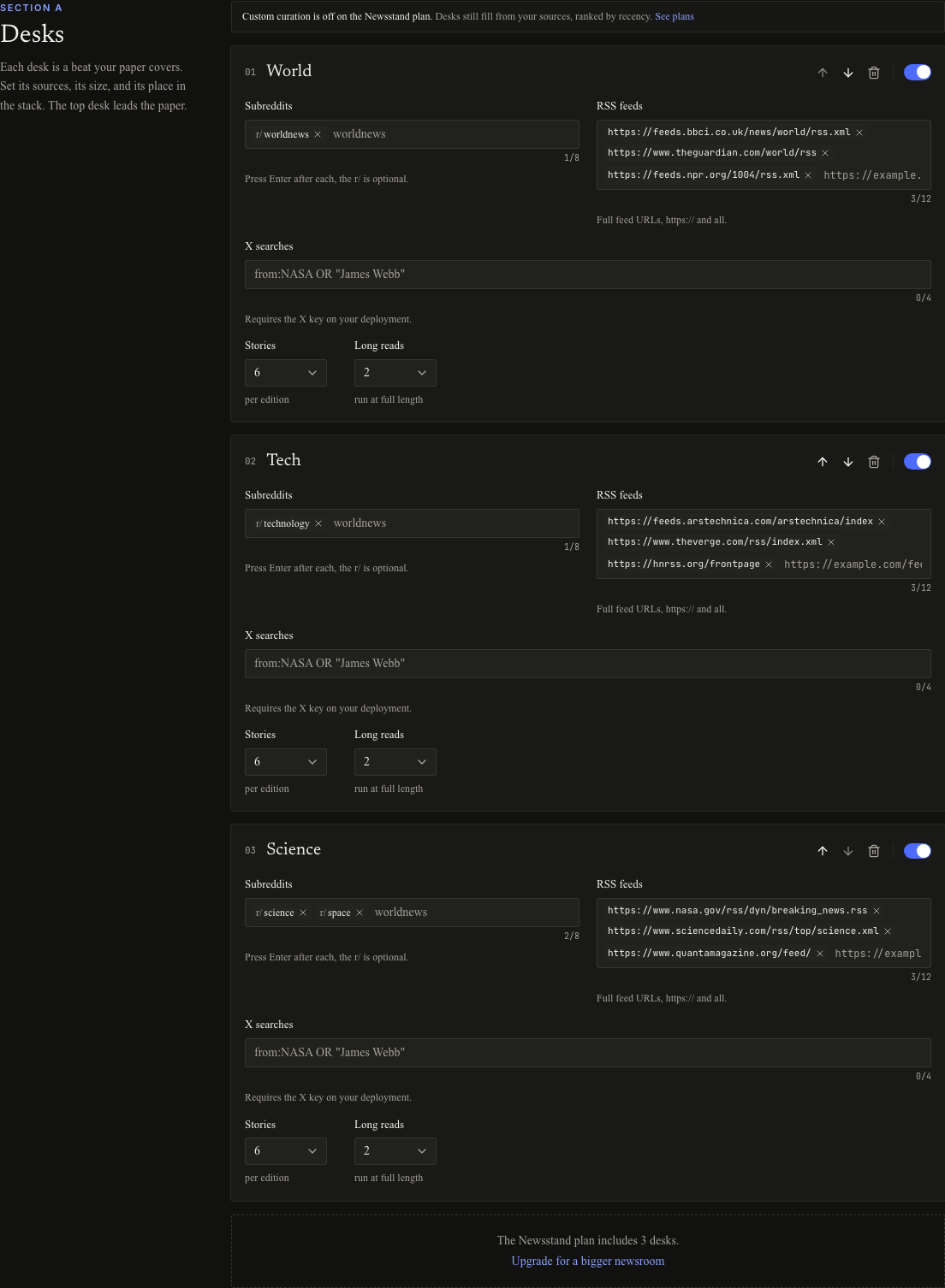 Desks settings in dark mode showing desk order, sources, story budget, and the enable switch