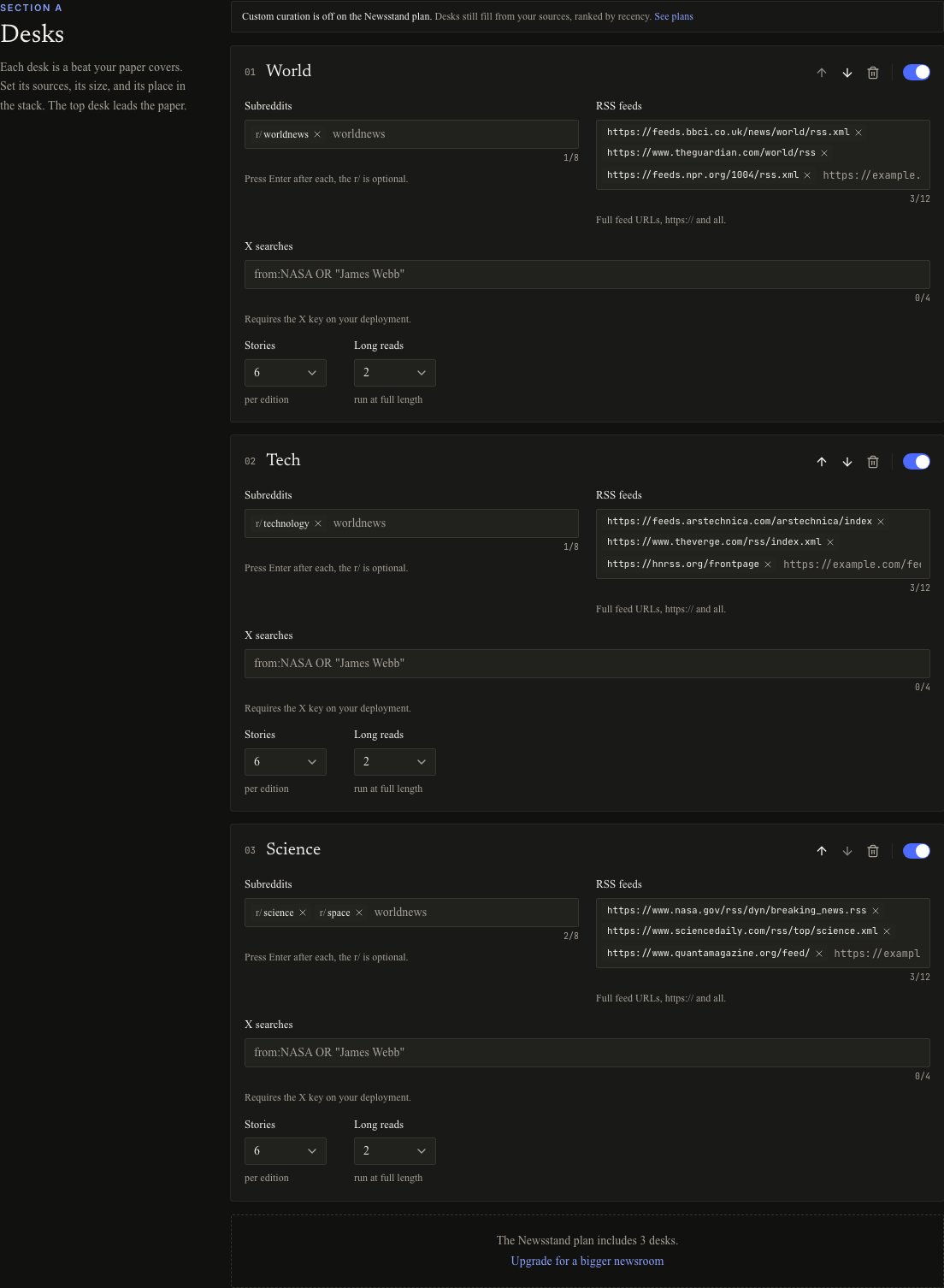 Desks settings in dark mode showing desk order, sources, story budget, and the enable switch