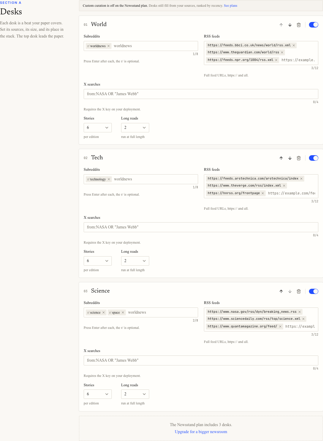 Desks settings showing desk order, sources, story budget, and the enable switch