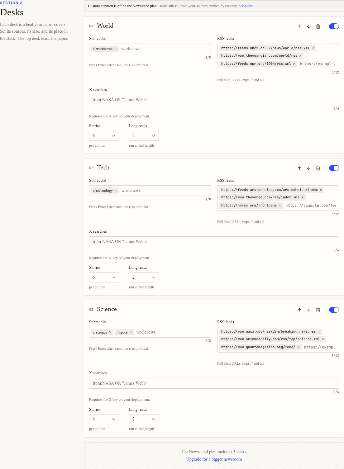 Desks settings showing desk order, sources, story budget, and the enable switch