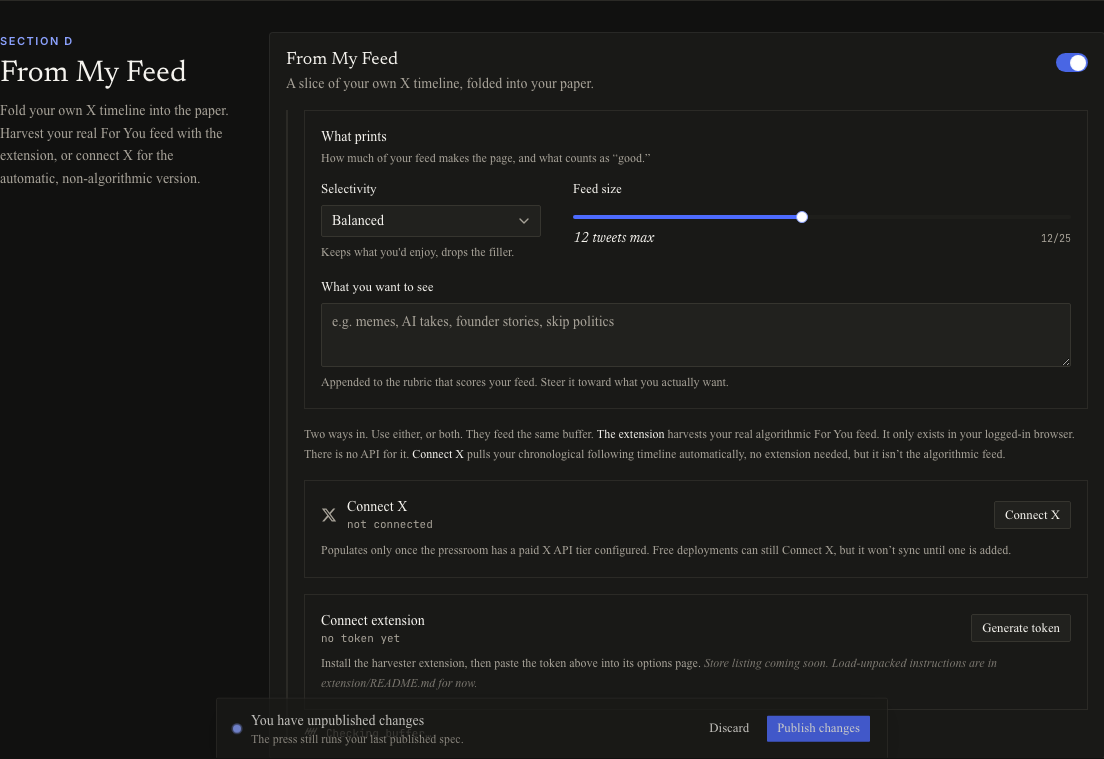 From My Feed settings in dark mode showing selectivity, feed size, Connect X, and Generate token controls